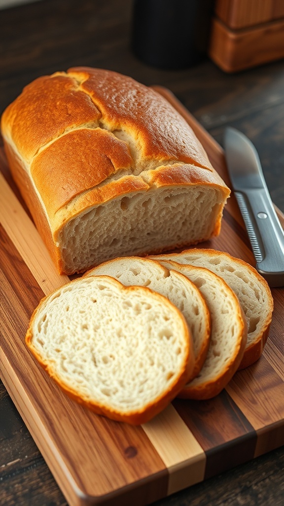 A loaf of freshly baked bread with even slices on a cutting board, accompanied by a serrated knife.